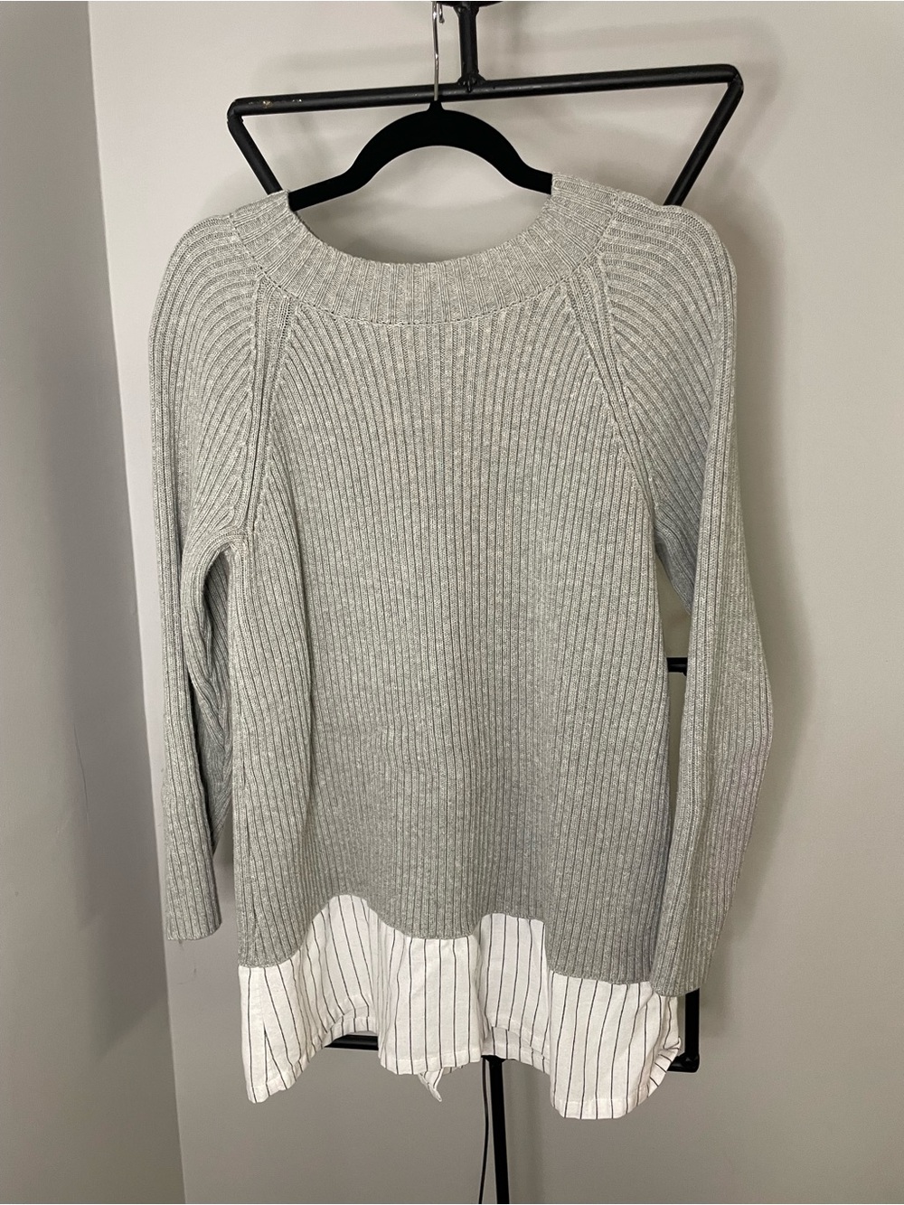 French Connection Light Gray Ribbed Sweater with White Striped Hem